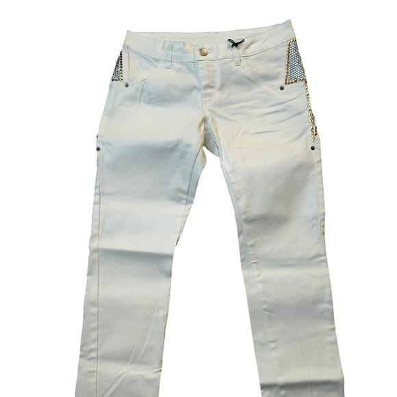 John Richmond RICH Rock-n-Roll White Gold Silver Lighting Denim Jeans Sz 30 NWT